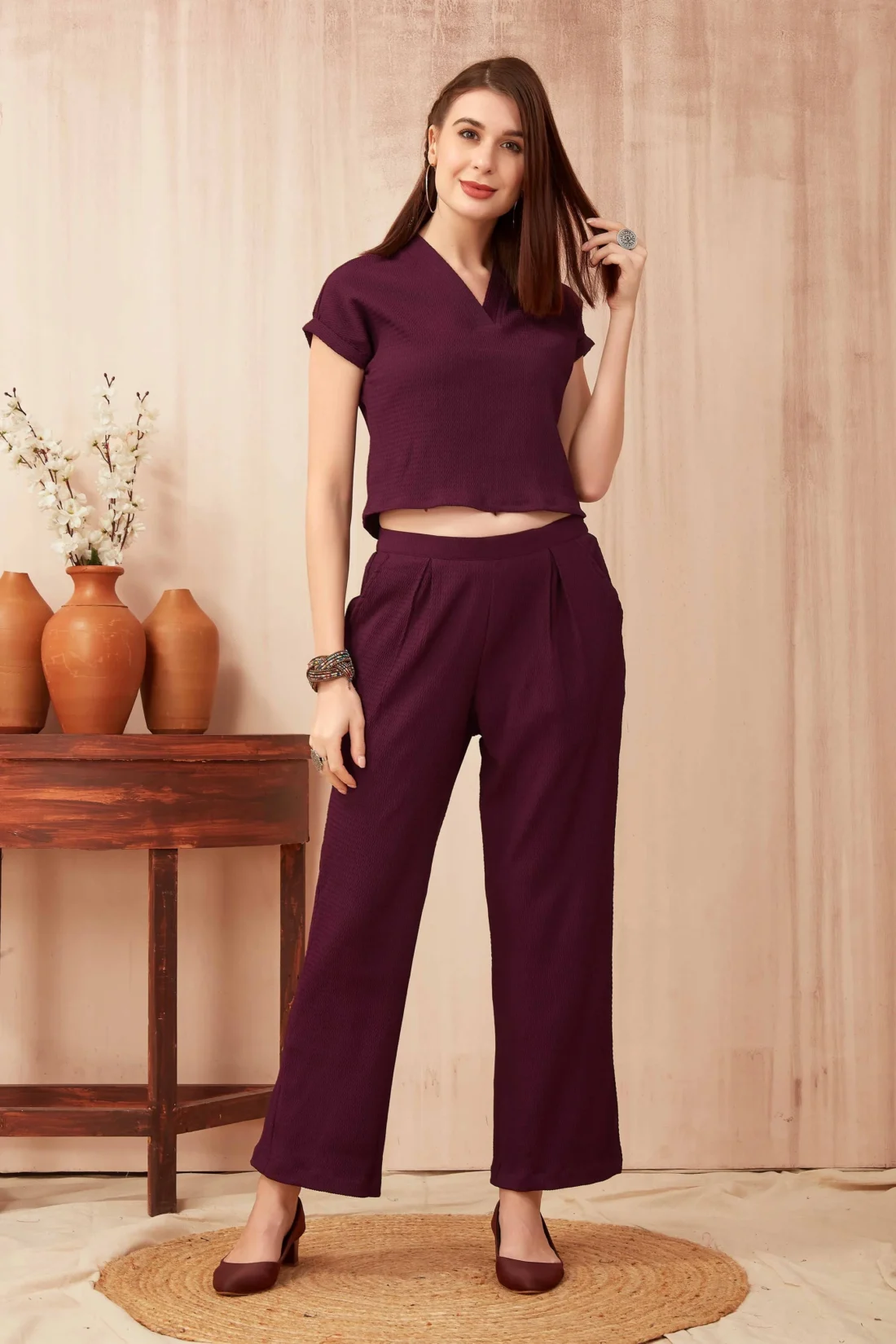 Elaaraa Solid Weaved Coords Set - Simple Front Side Full View - Wine