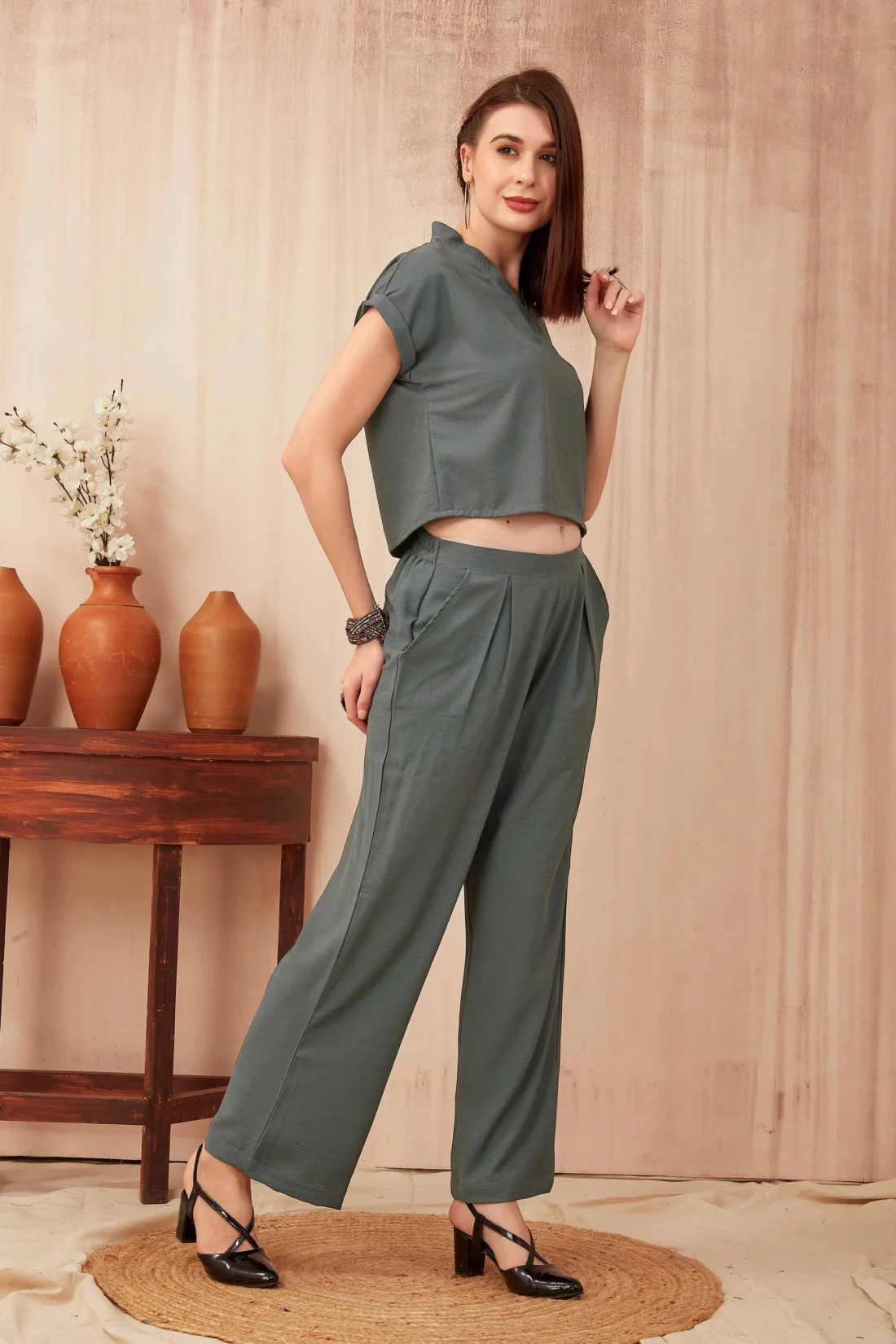 Elaaraa Solid Weaved Coords Set - Stylish Front Side Cross Full View - DarkGray