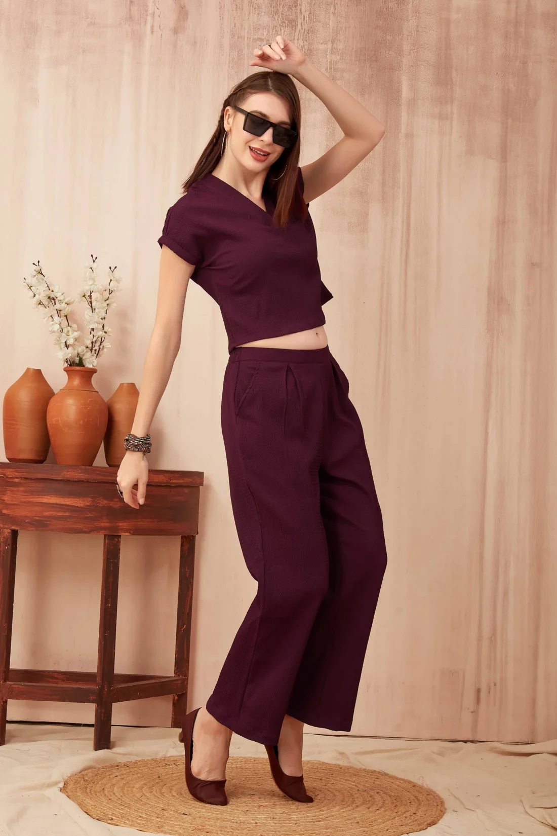 Elaaraa Weaved Geometric Coord Set - Modern Front Side Full View - Wine