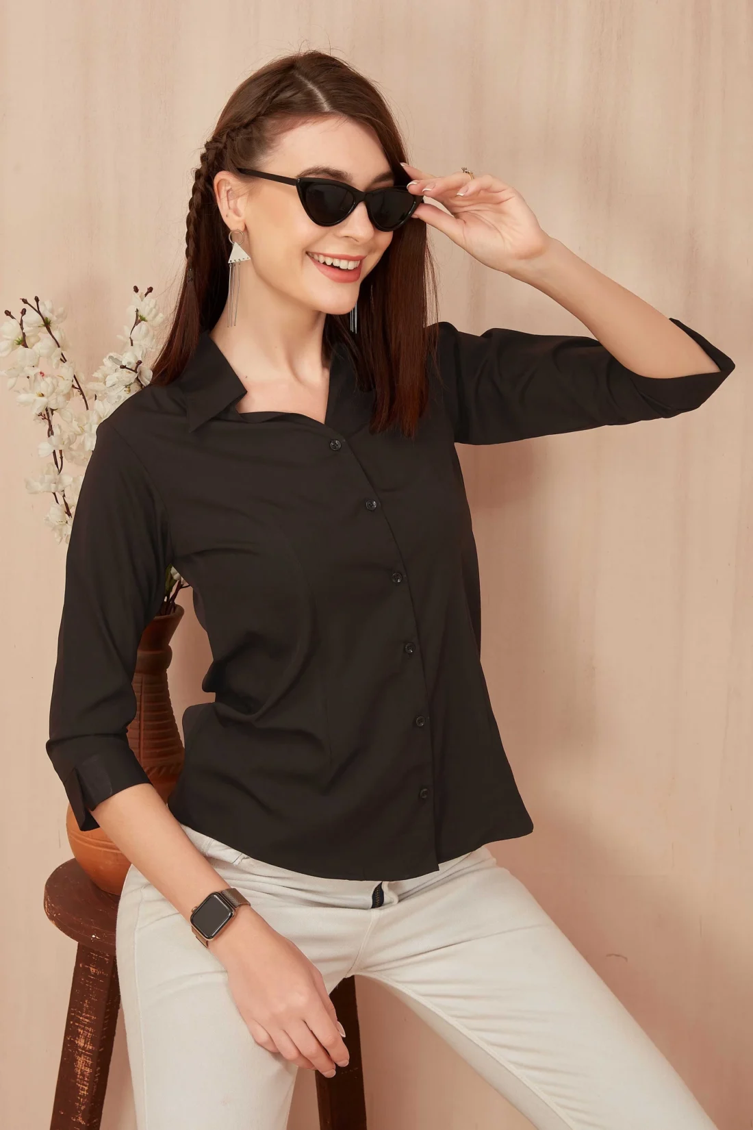 Elaaraa Classic Charm Shirt - Style View-Black