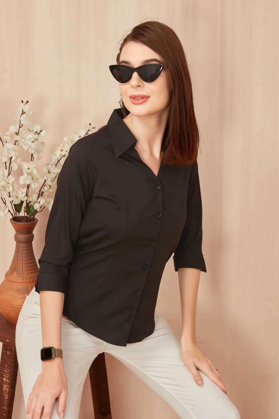 Elaaraa Classic Charm Shirt - Style View-Black