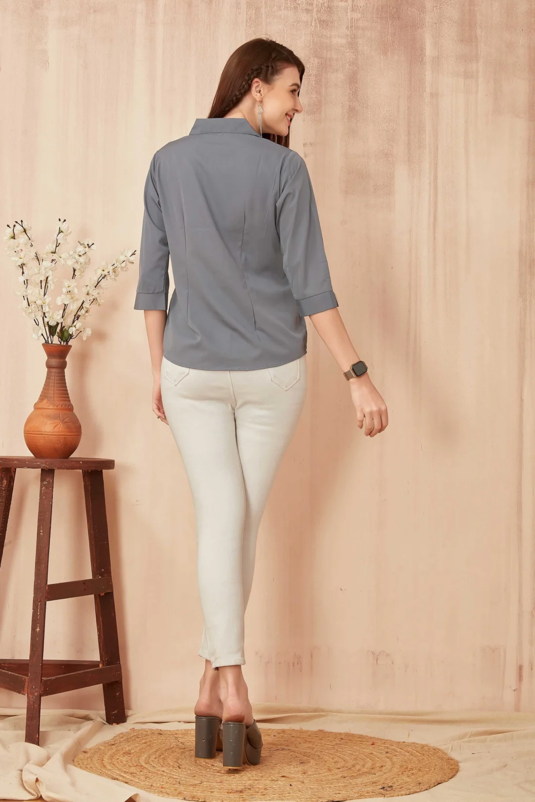 Elaaraa Classic Charm Shirt - Back View-Gray