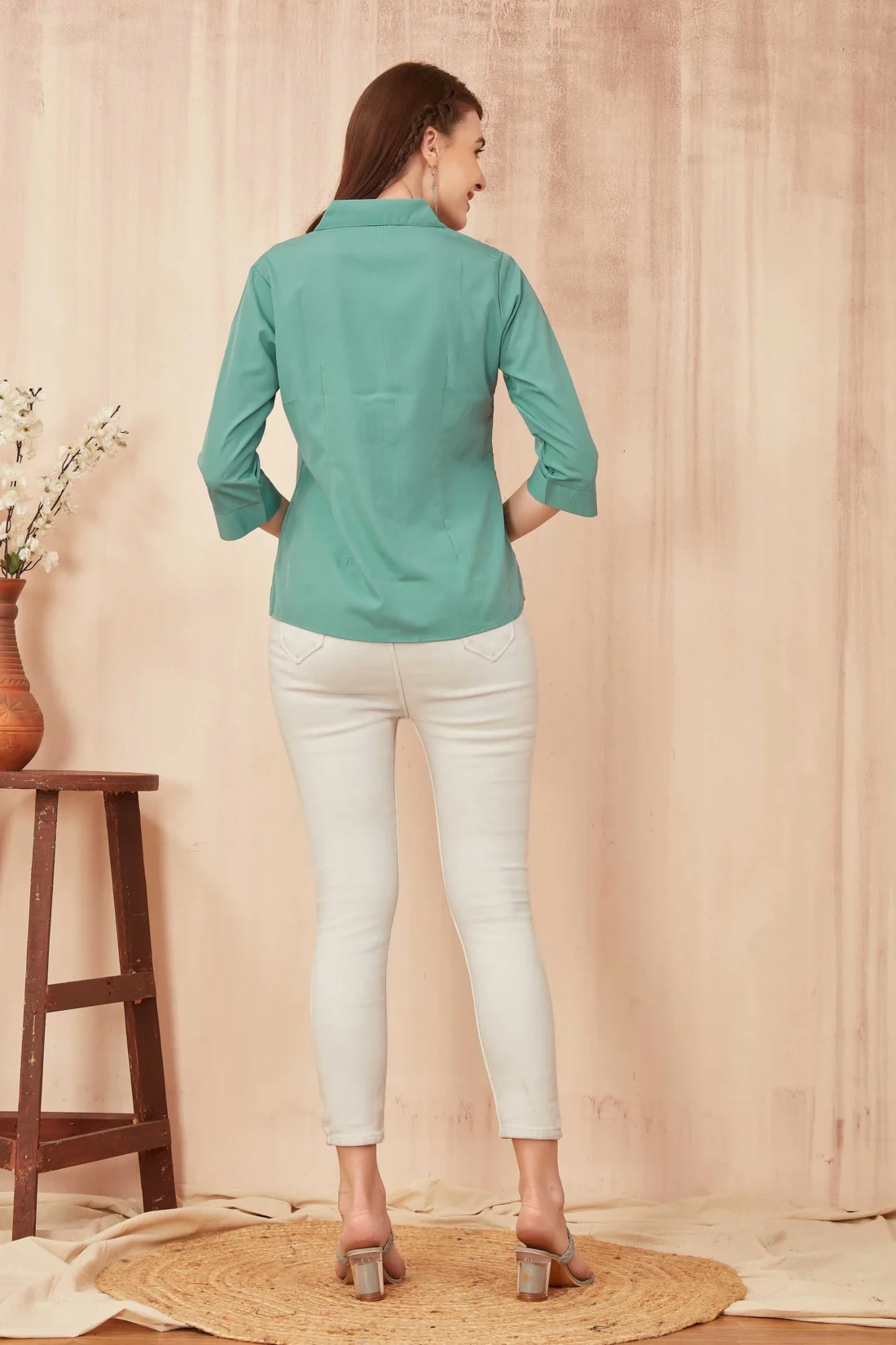 Elaaraa Classic Charm Shirt - Back View-Green