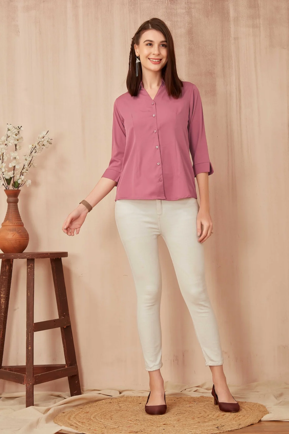 Elaaraa Classic Charm Shirt - Stand View-Pink