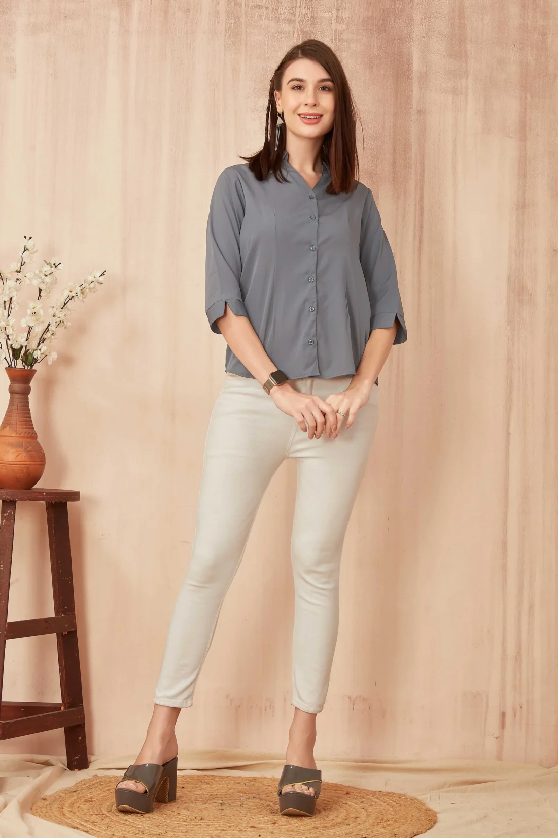 Elaaraa Classic Charm Shirt - Stand View-Grey