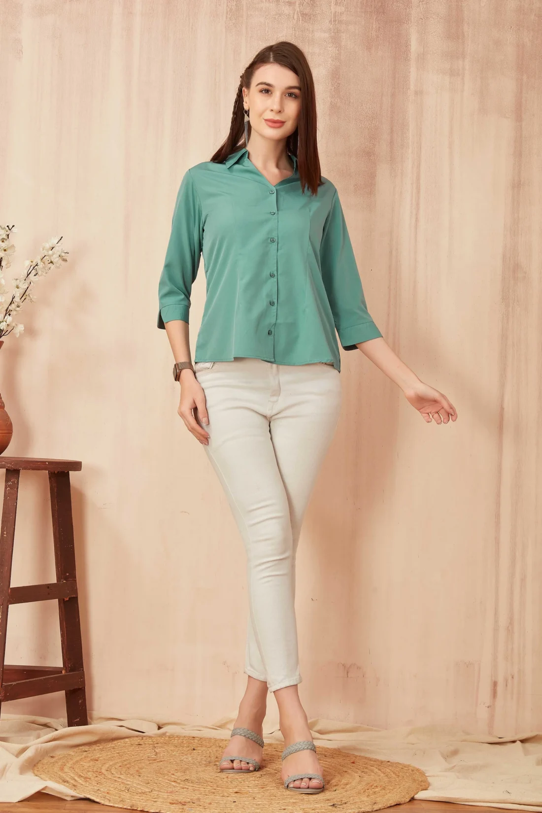 Elaaraa Classic Charm Shirt - Stand View-Green