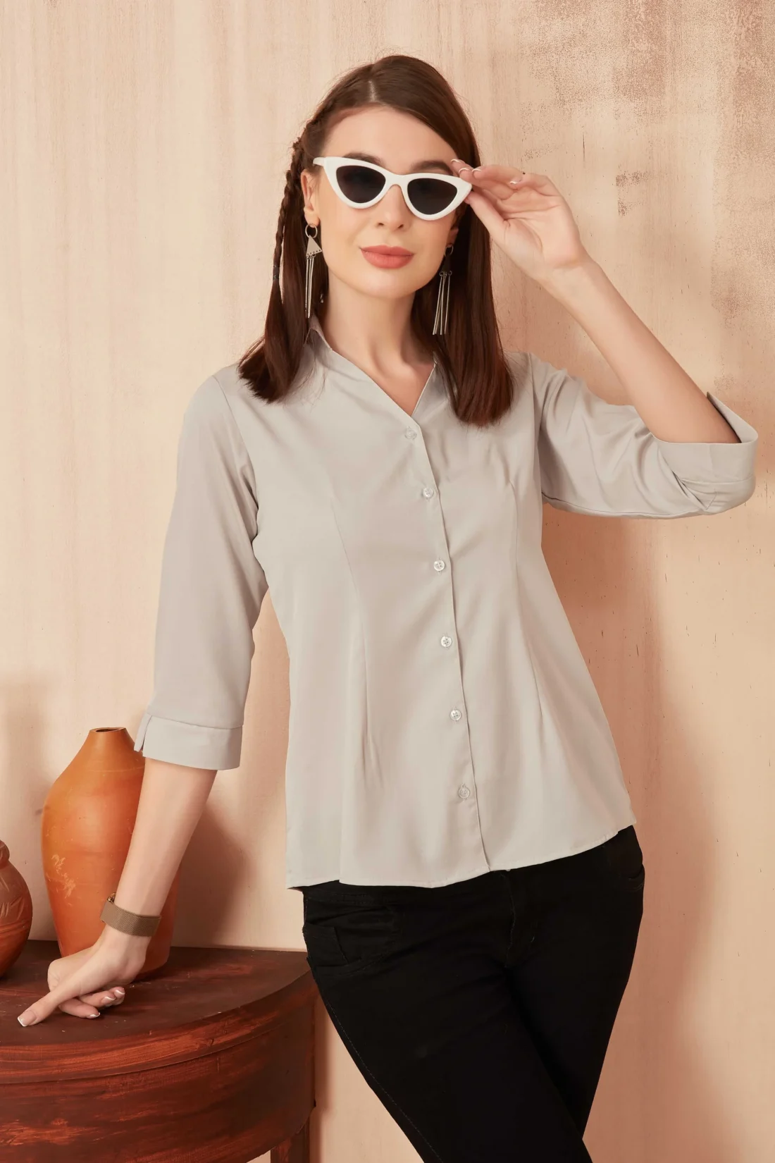 Elaaraa Classic Charm Shirt - Style View-Brown