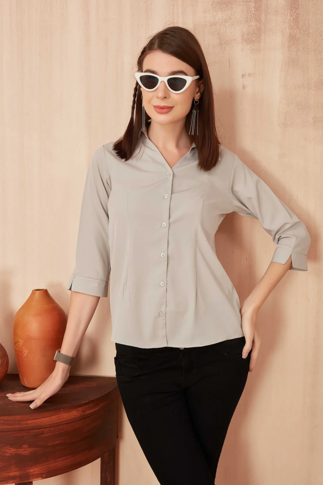 Elaaraa Classic Charm Shirt - Zoom View-Brown