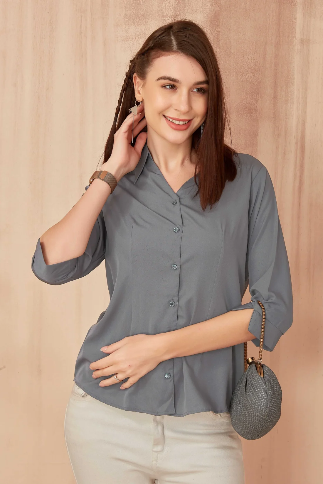 Elaaraa Classic Charm Shirt - Zoom View-Gray