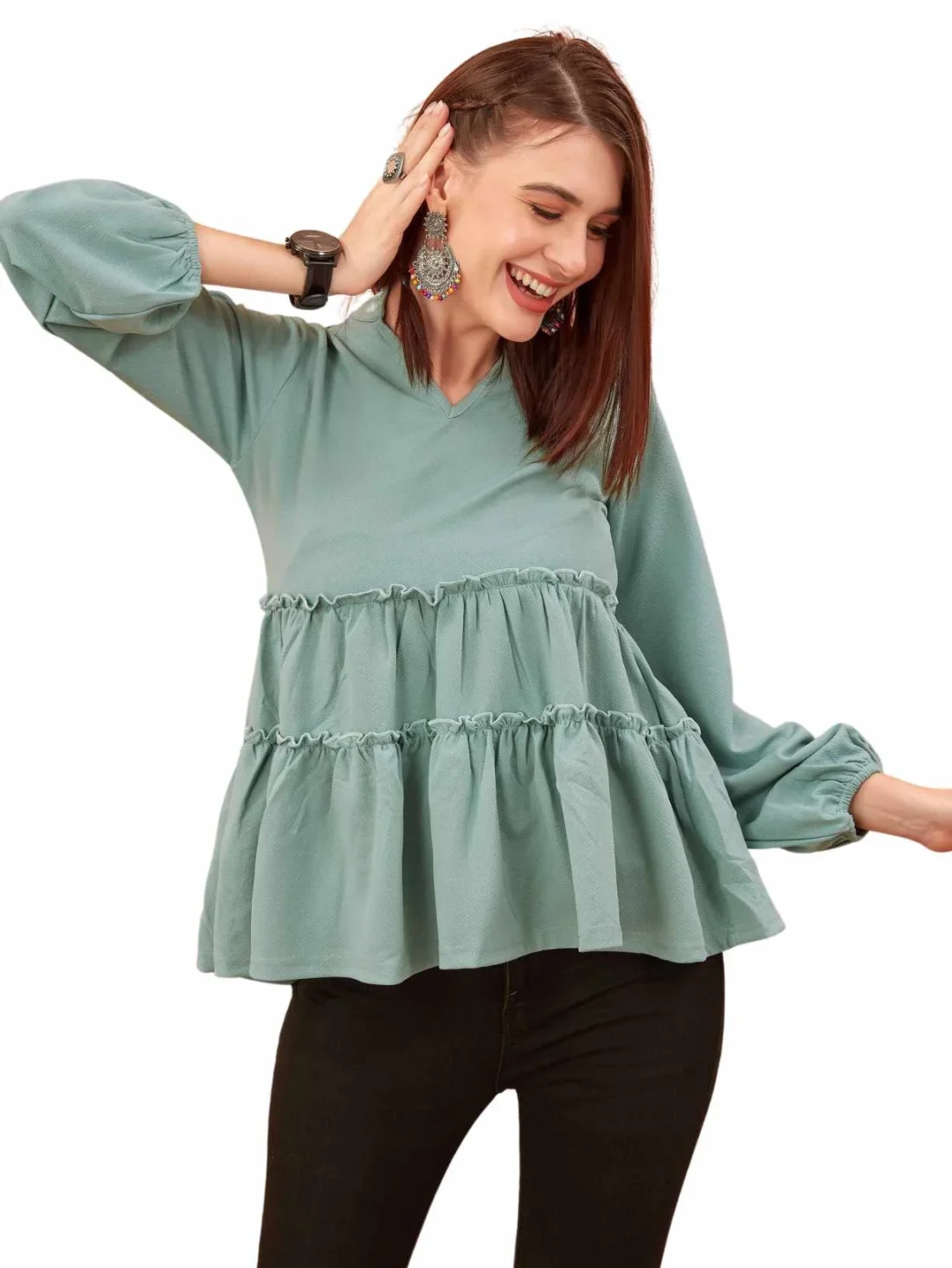 Elaaraa Relaxed Fit Tiered Solid Top-Main-Light Green