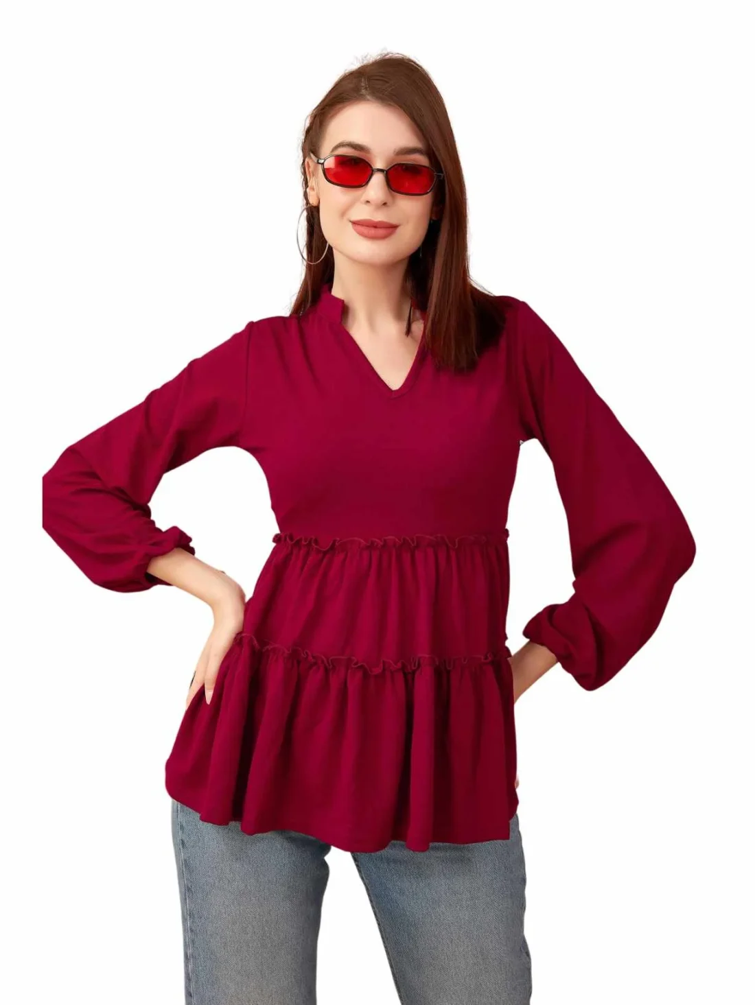 Elaaraa Relaxed Fit Tiered Solid Top-Main-Red