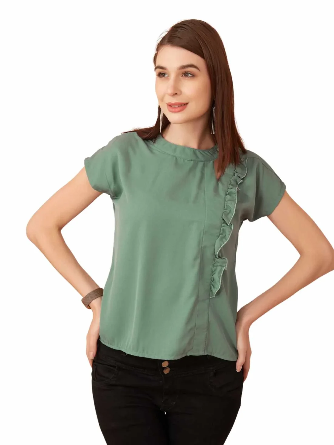 Elaaraa One Side Ruffled Casual Top-Main -Green