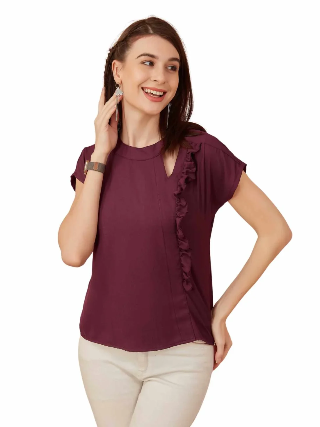 Elaaraa One Side Ruffled Casual Top-Main -Maroon