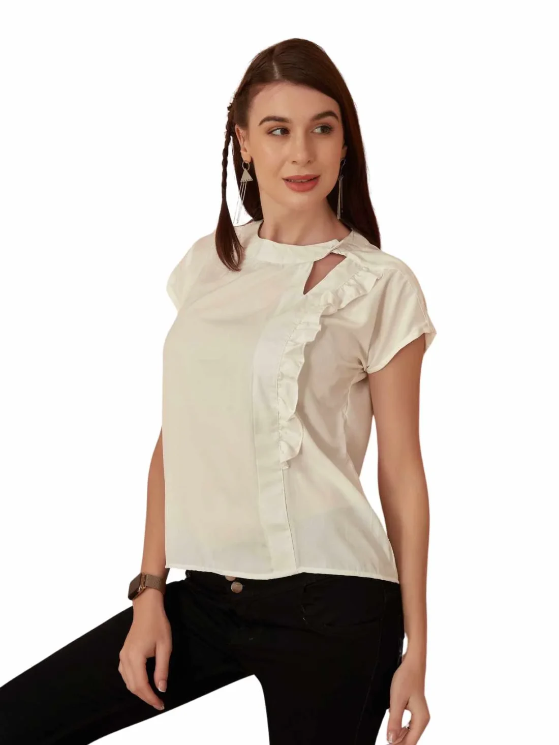 Elaaraa One Side Ruffled Casual Top-Main -White