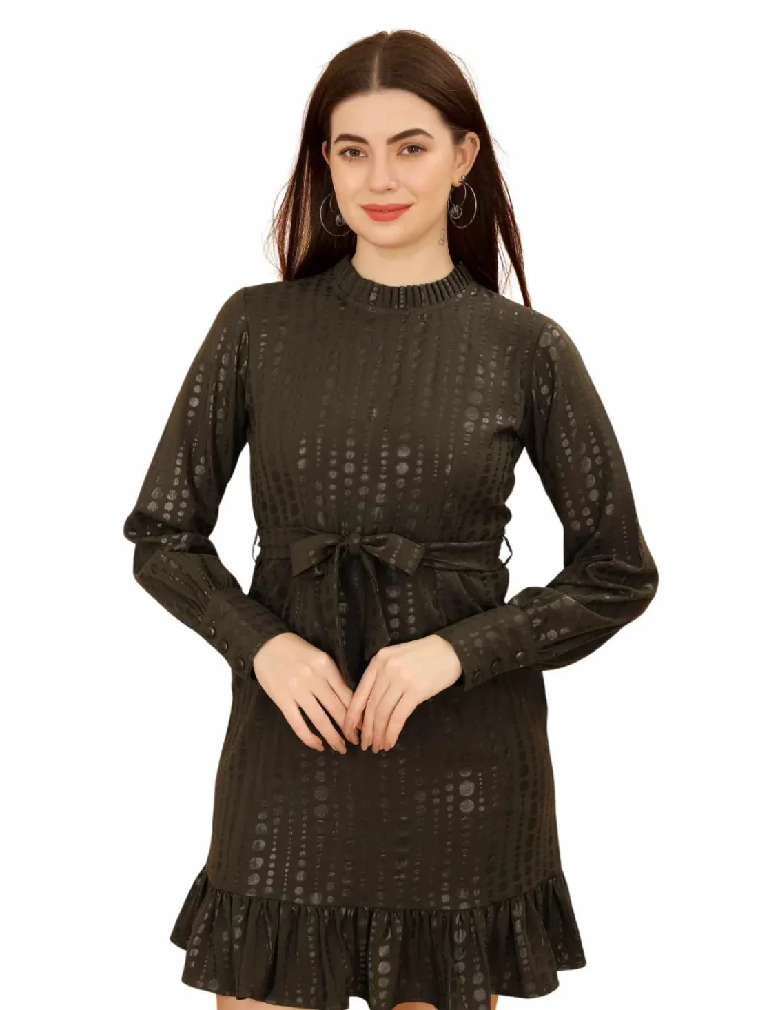 Elaaraa Self Geometric Dot Design Dress - Quick View - Black