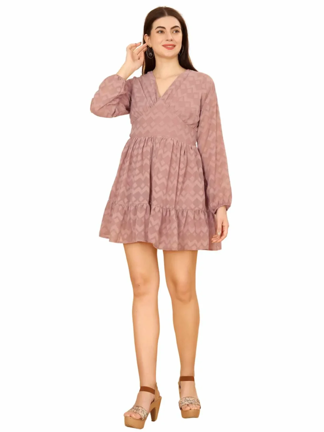 Elaaraa Weaved Geometric Ruffle Dress - Simple Full View - Pink