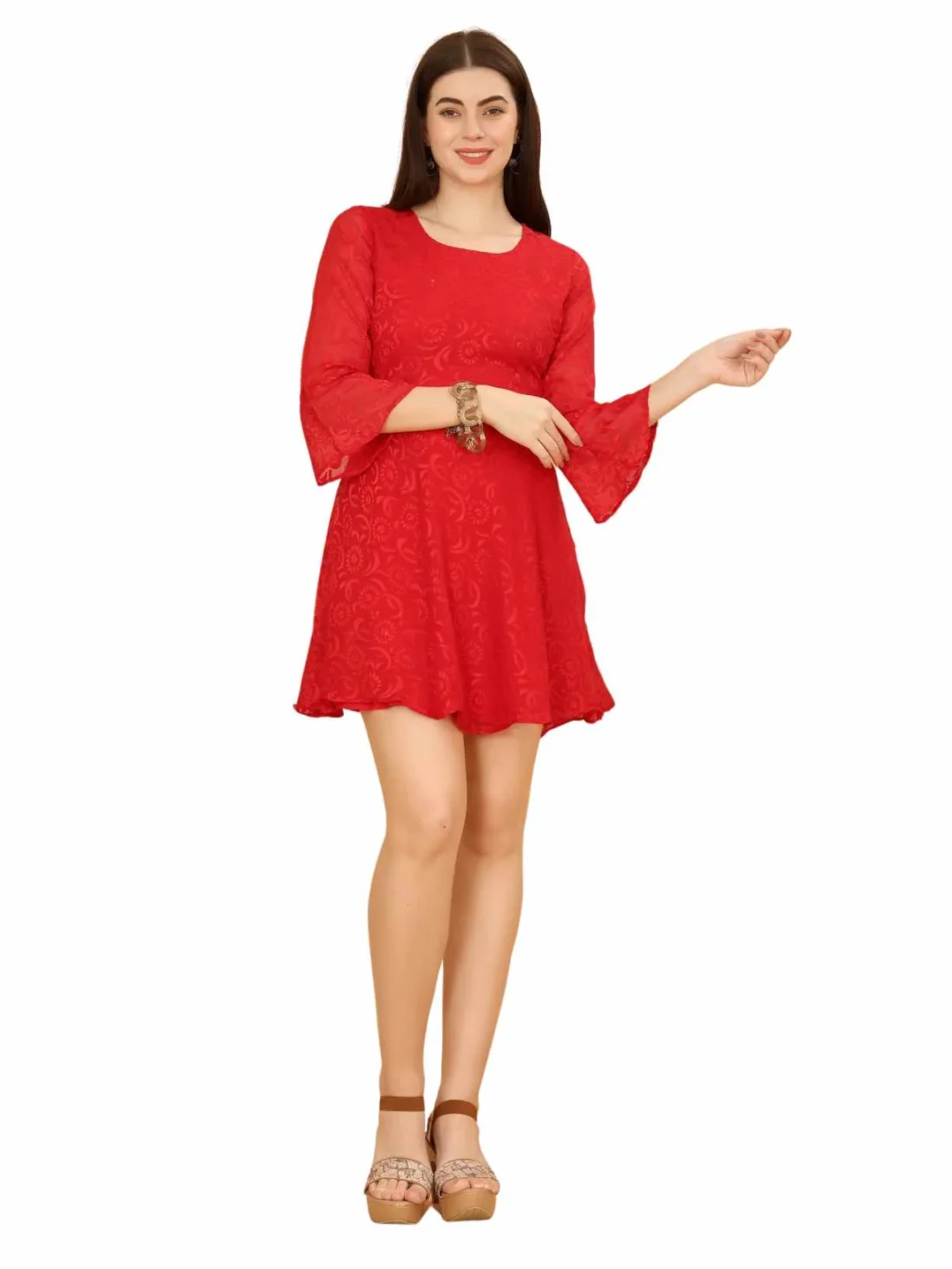 Elaaraa Floral Design Dress - Simple Front Side Full View - Red