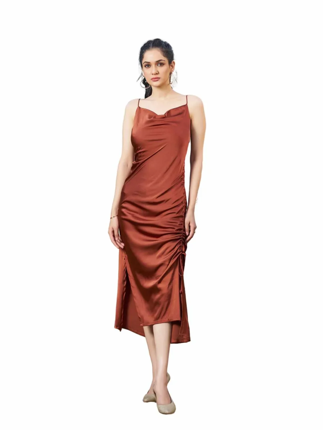 Elaaraa Cut and Cowl Neck Midi Dress - Simple Front Side Full View - Copper