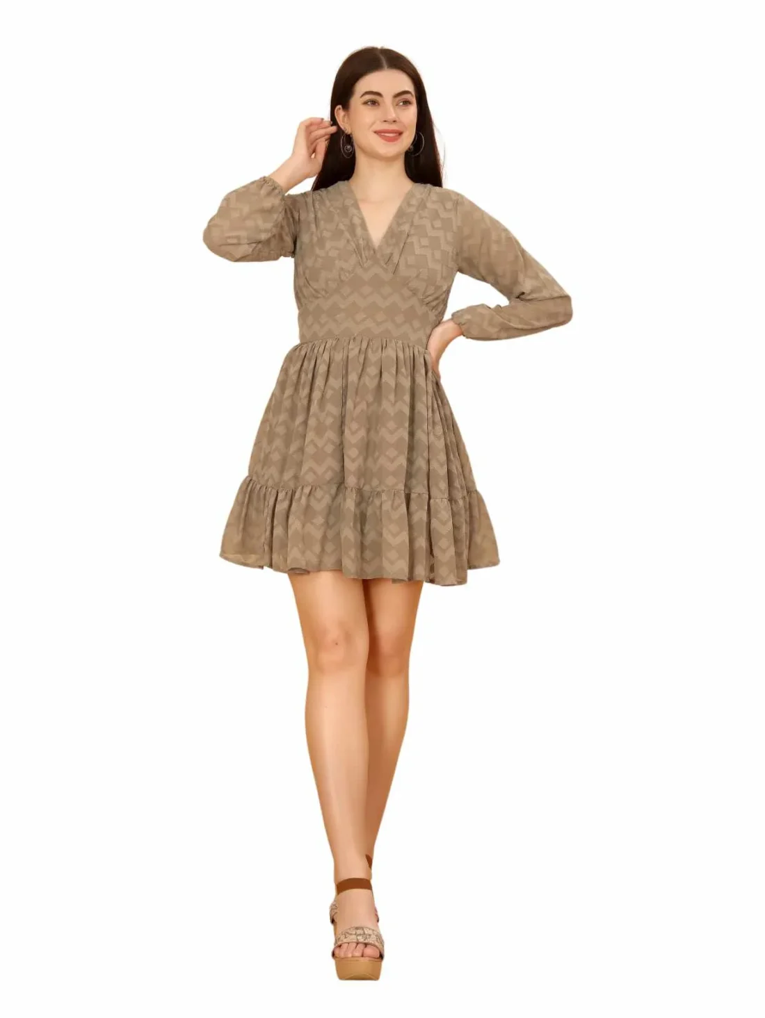 Elaaraa Weaved Geometric Ruffle Dress - Simple Full Front Side View - Brown