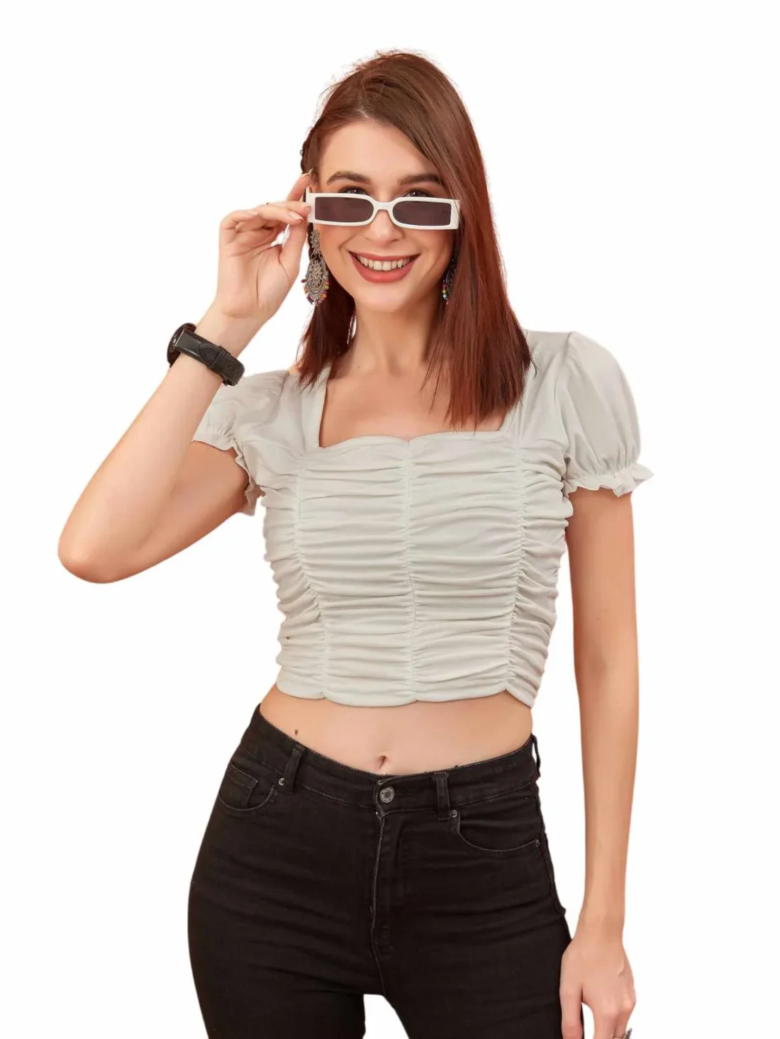 Elaaraa Gathered Puff Sleeves Crop Top-Main-White