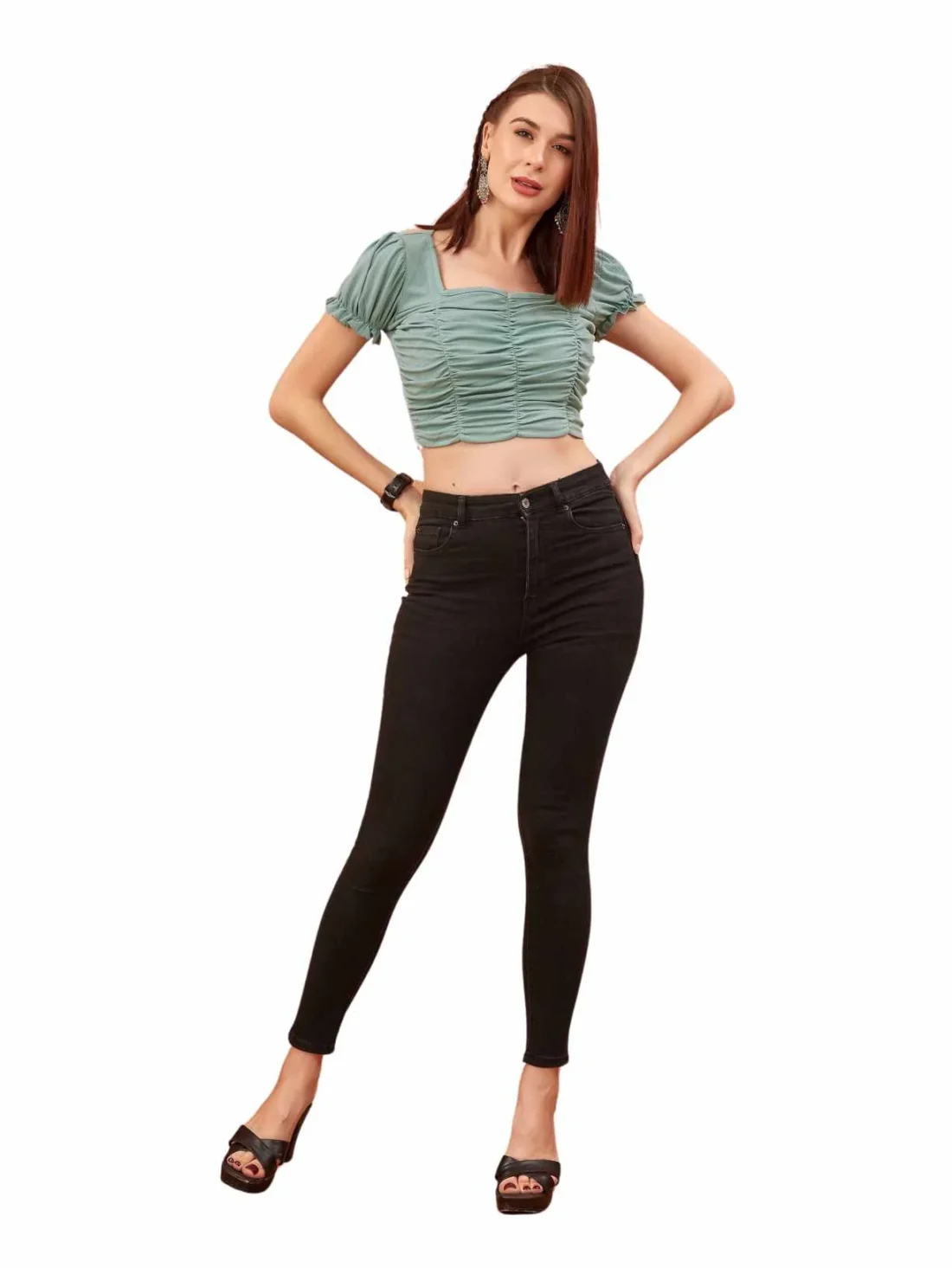 Elaaraa Gathered Puff Sleeves Crop Top-Main-Green