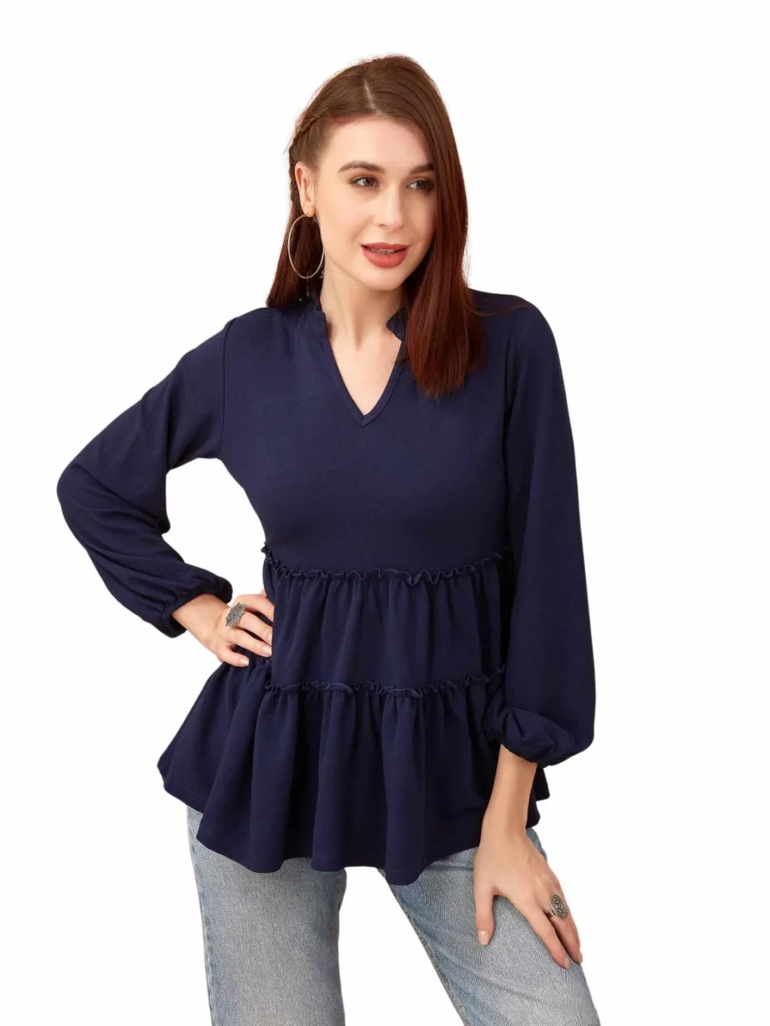 Elaaraa Relaxed Fit Tiered Solid Top-Main-Blue