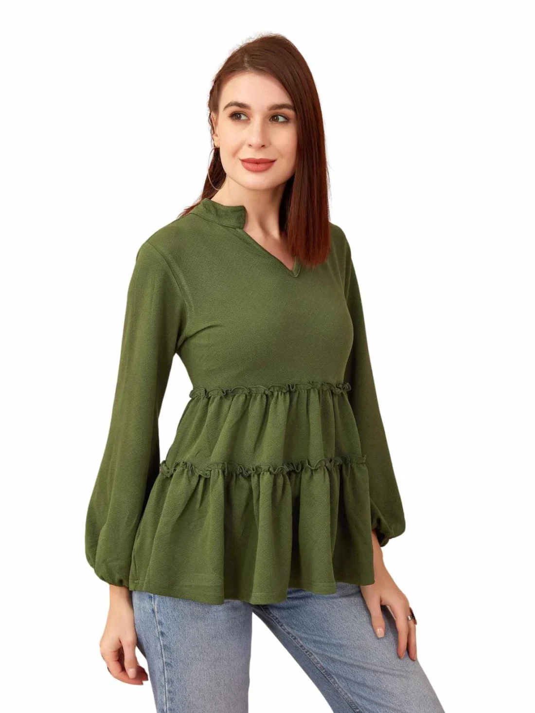 Elaaraa Relaxed Fit Tiered Solid Top-Main-Green