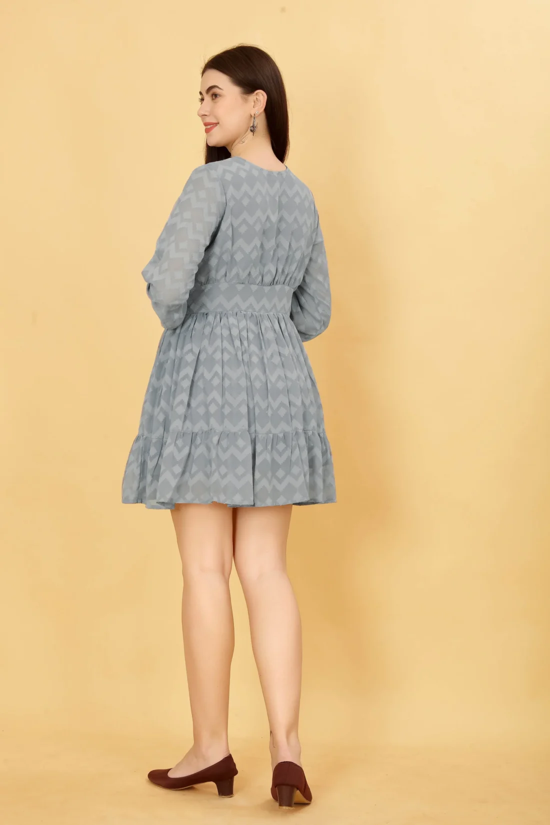 Elaaraa Weaved Geometric Ruffle Dress - Simple Back Side Full View - Gray