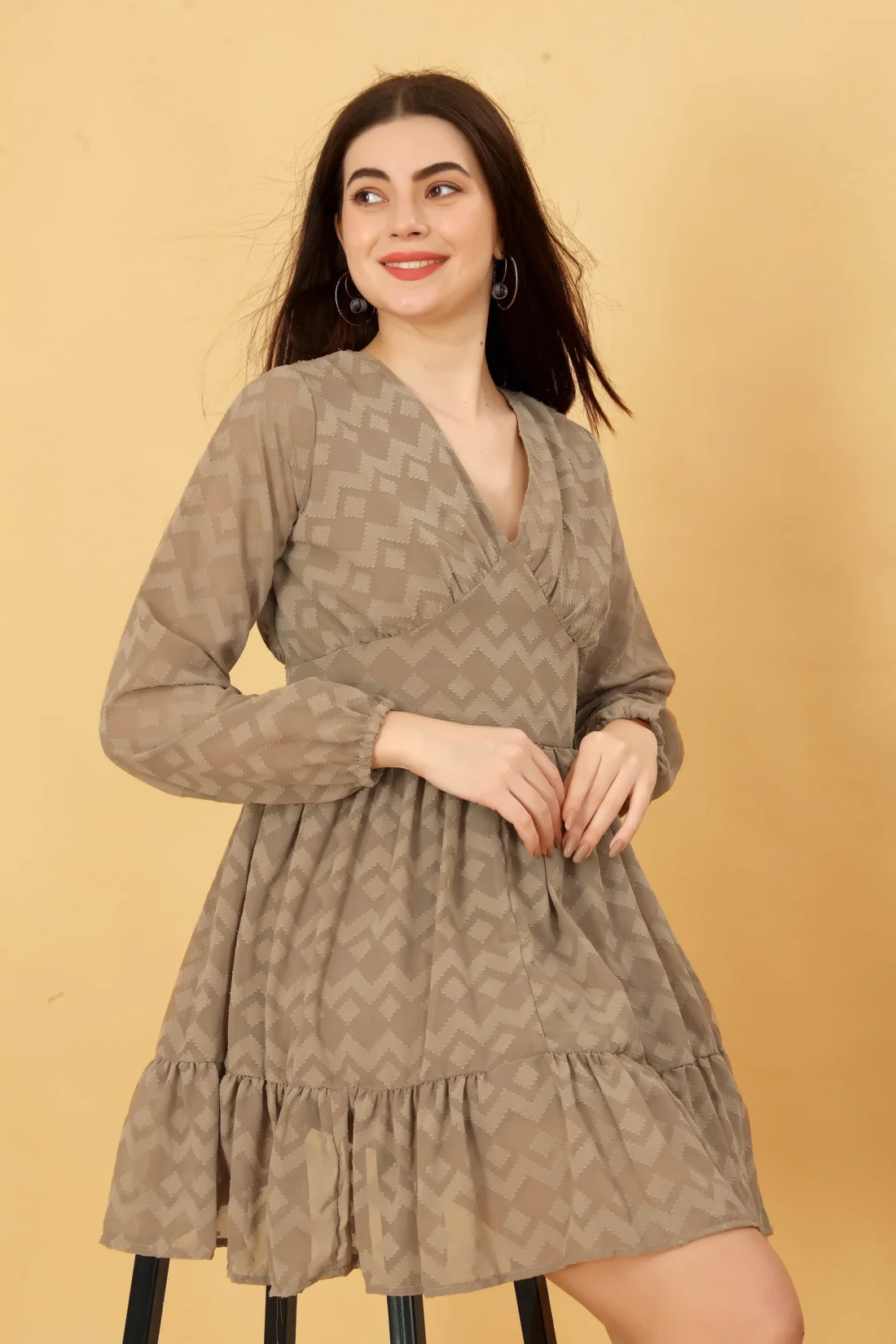 Elaaraa Weaved Geometric Ruffle Dress - Quick View - Brown