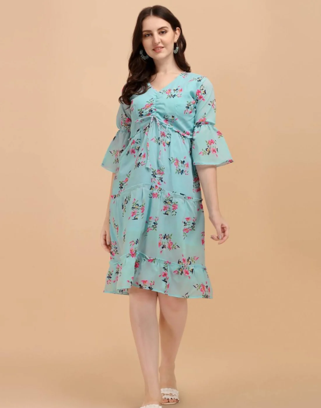 Elaaraa Flower Printed Dress - Stylish Front Side Full View - Blue