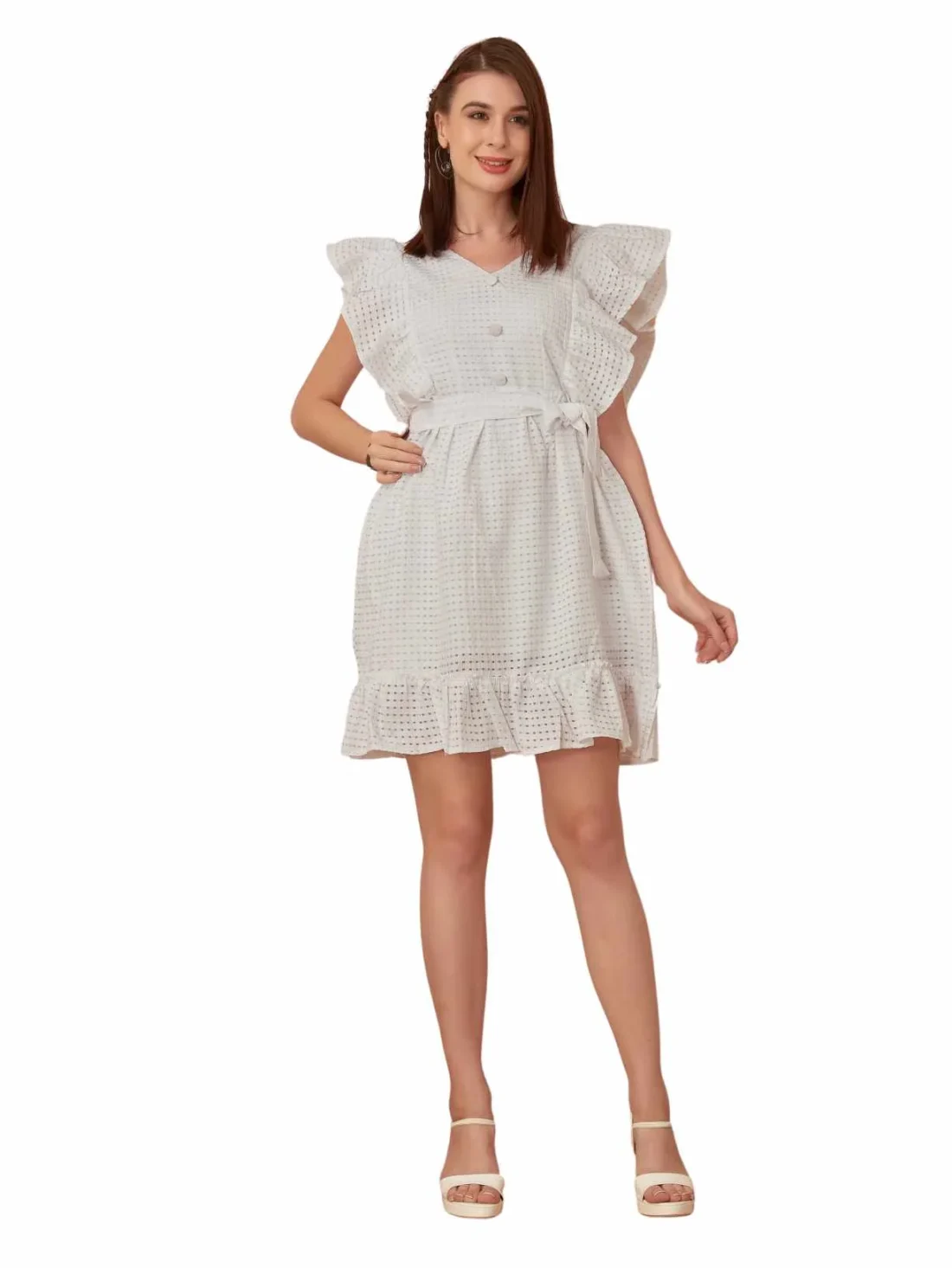 Elaaraa Butterfly Ruffle Dress - Simple Front Side Full View - White