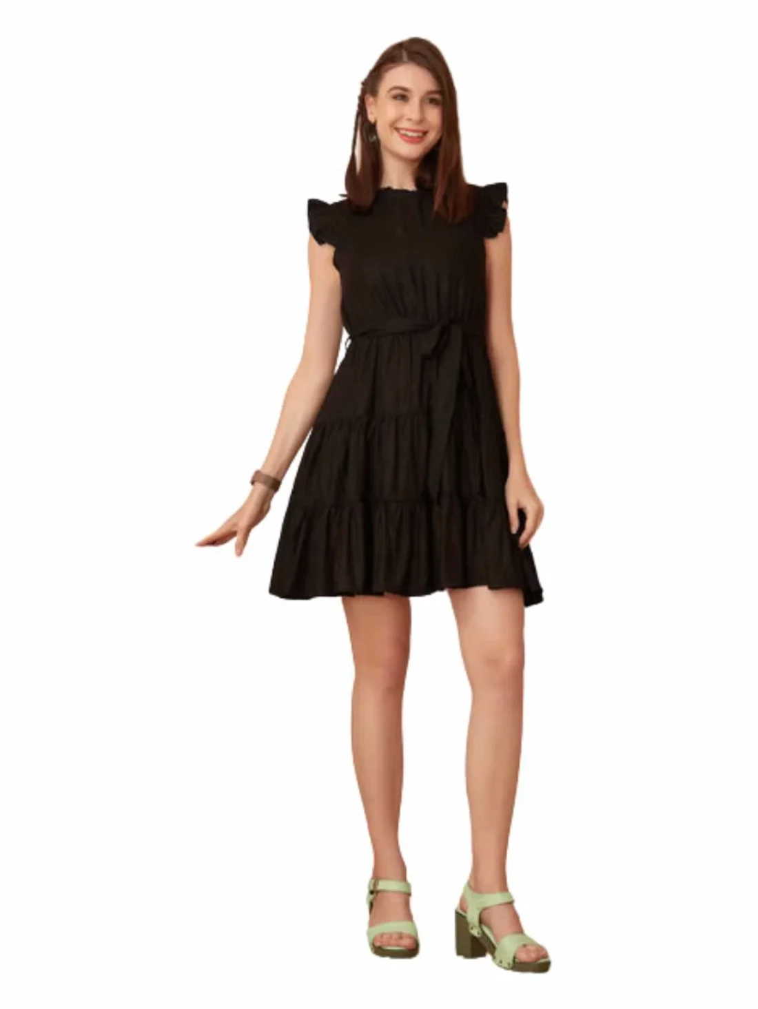 Elaaraa Ruffled Mini Tiered Dress - Simple Front Side Full View - Black