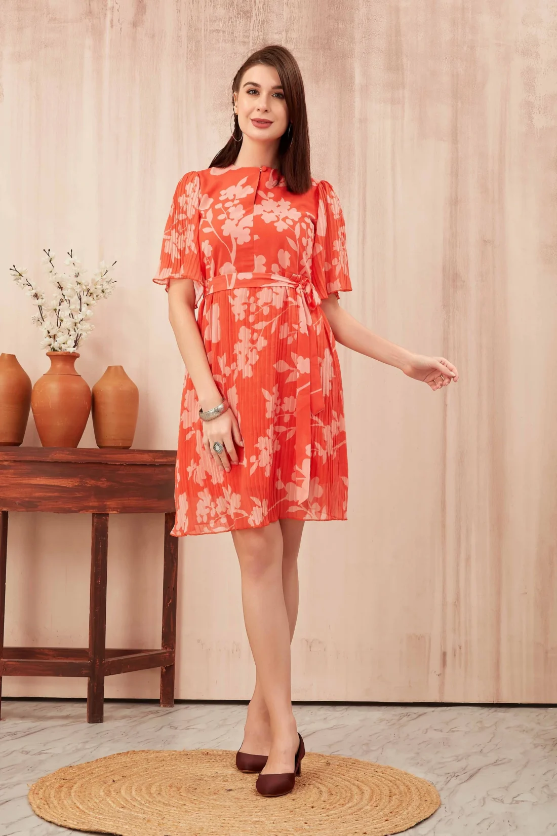 Elaaraa Floral Print Dress - Simple Front Side Full View - Orange