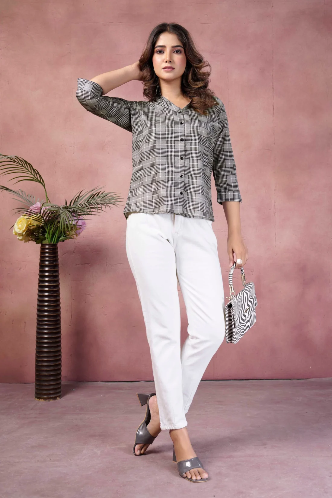 Elaaraa Ivory Patterned Polyster Shirt Style Photo