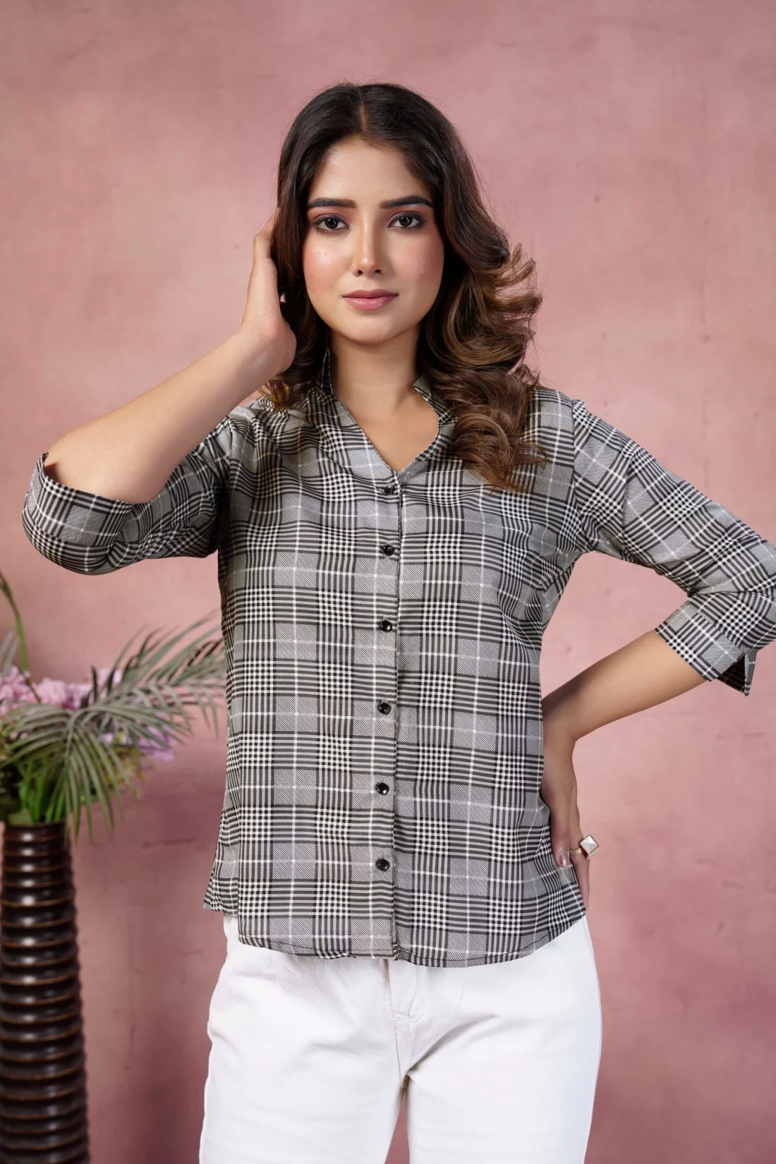 Elaaraa Ivory Patterned Polyster Shirt Zoom Photo