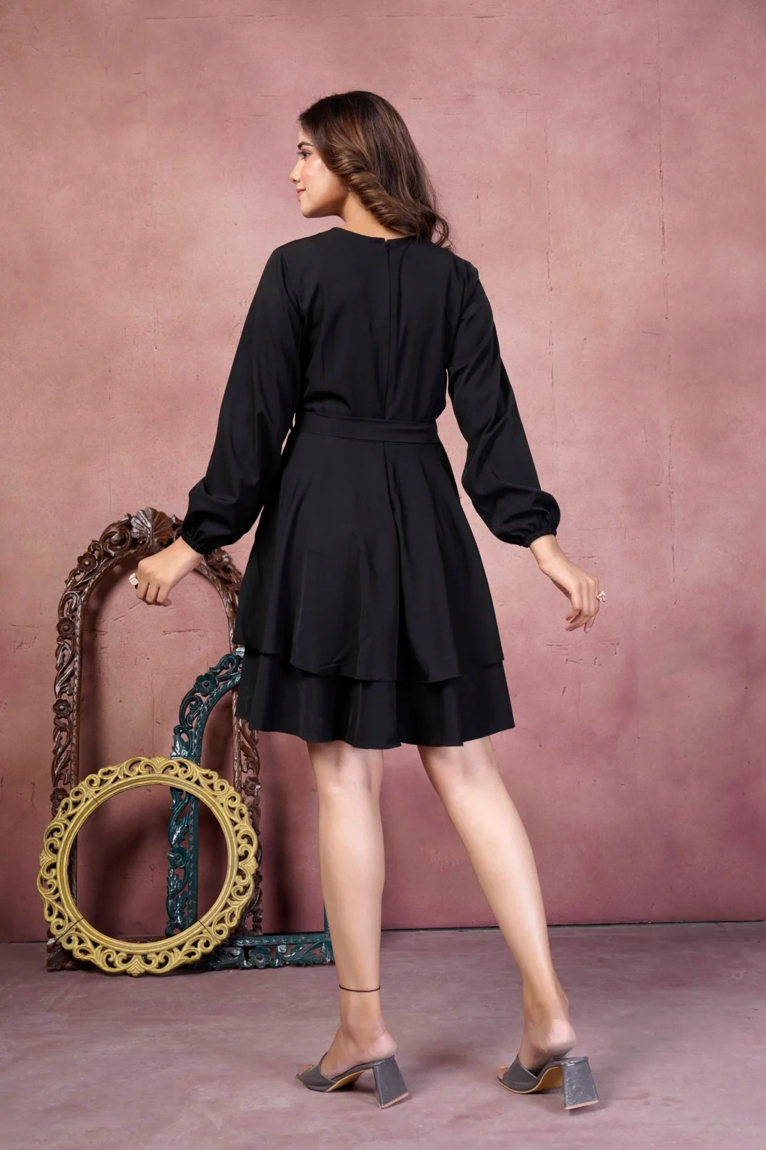 Elaaraa V-Neck Cuffed Sleeves Dress - Simple Full Back Side View