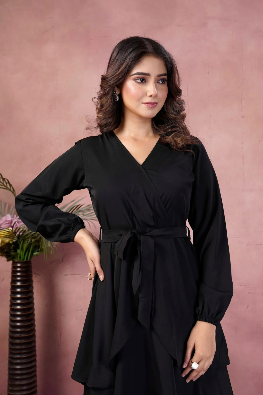 Elaaraa V-Neck Cuffed Sleeves Dress - Simple Quick View