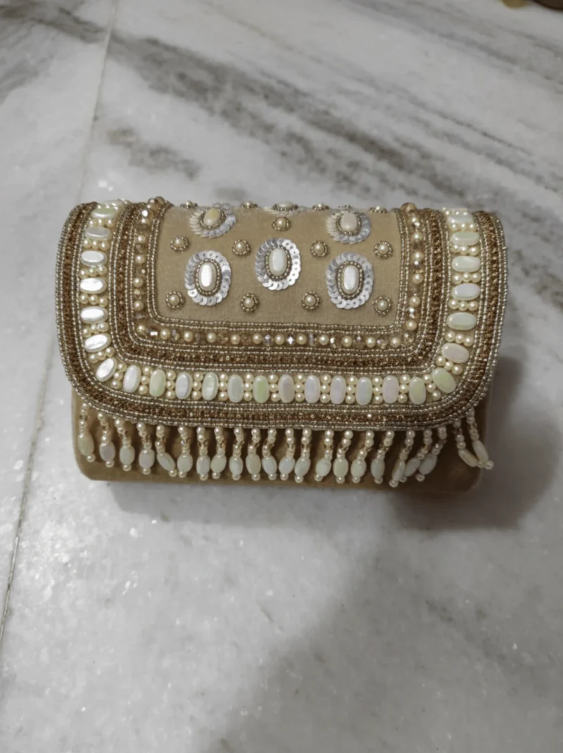 Gold Pearl Work Party Clutch Purse for Women