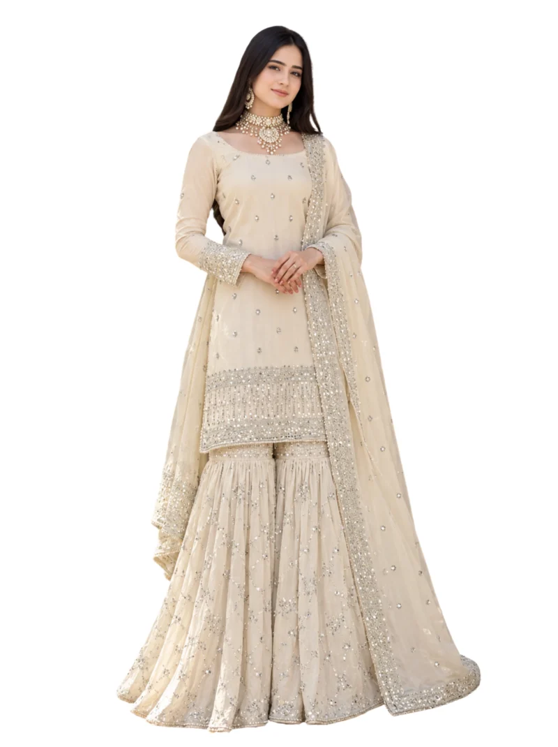Cream Embroidered Kurta Gharara Set