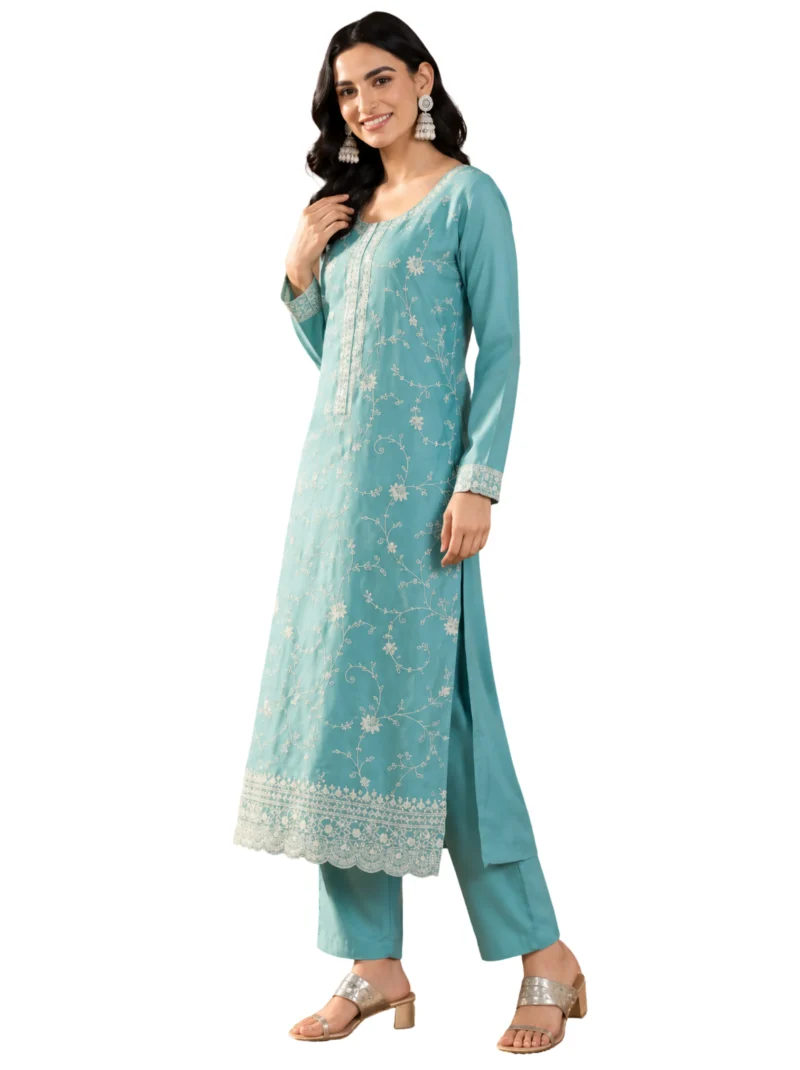 Aqua Blue Embroidered Kurta Pant Set