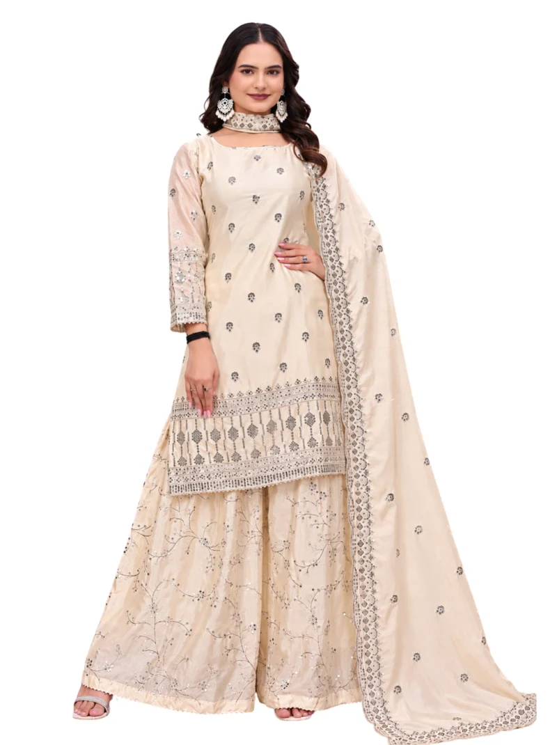Elaaraa Off White Embroidered Sharara Set