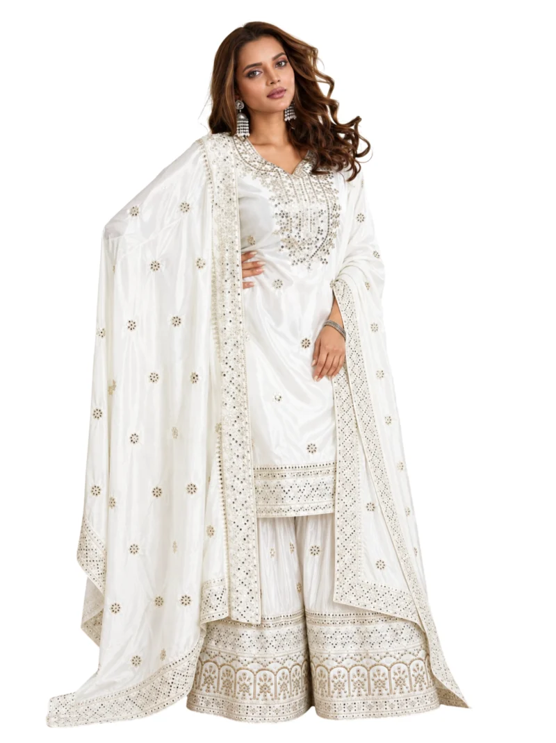 Elaaraa White Embroidered Kurta Sharara Set