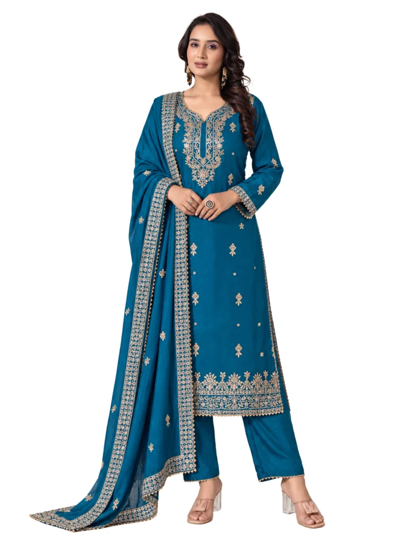 Elaaraa Teal Blue Embroidered Kurta Trouser Set