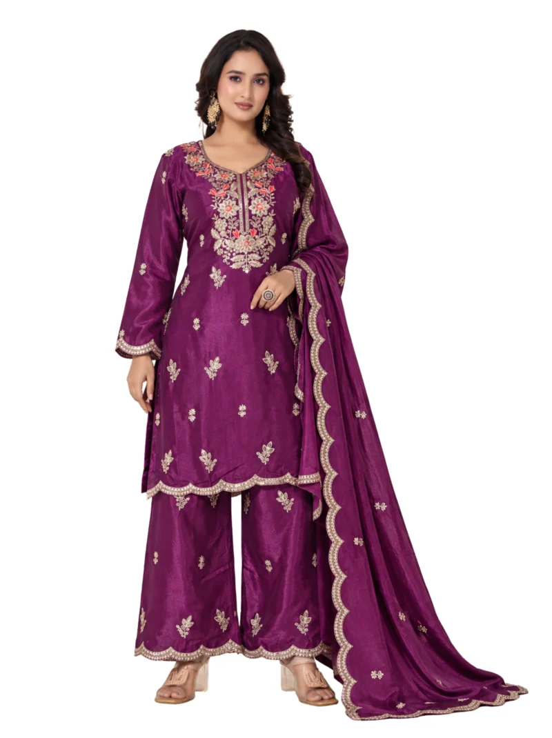 Elaaraa Punch Wine Embroidered Anarkali Sharara Set
