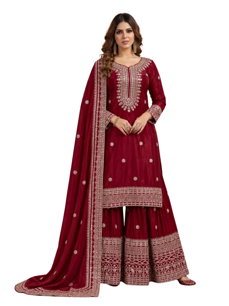 Elaaraa Maroon Embroidered Anarkali Sharara Set