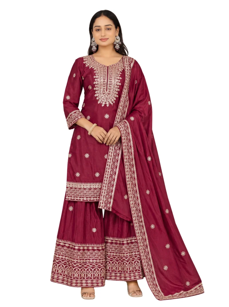 Elaaraa Maroon V1 Embroidered Sharara Set