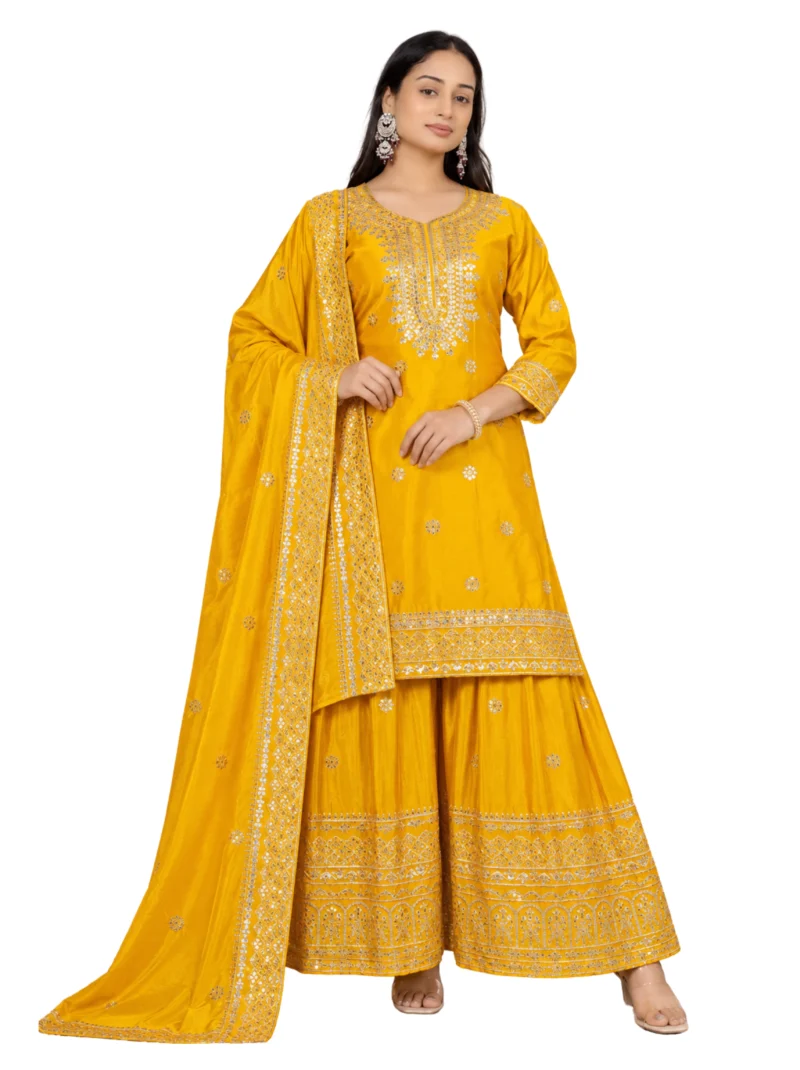 Elaaraa Pikaso Yellow Embroidered Sharara Set