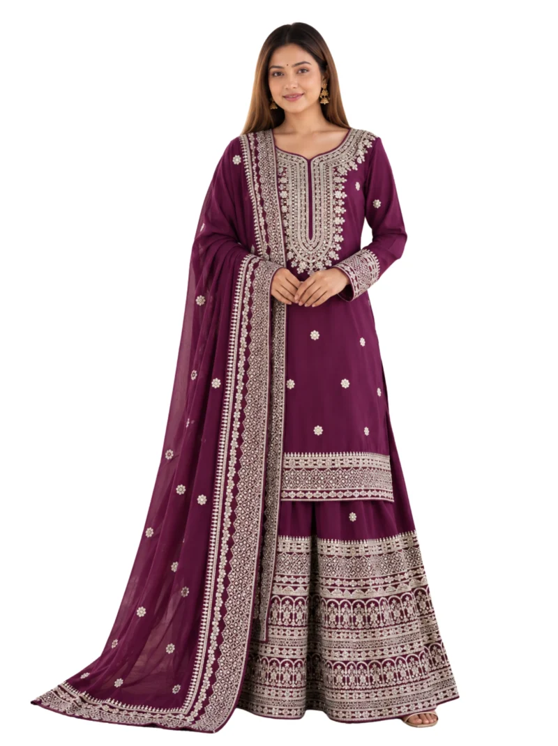 Elaaraa Wine Embroidered Kurta Sharara Set