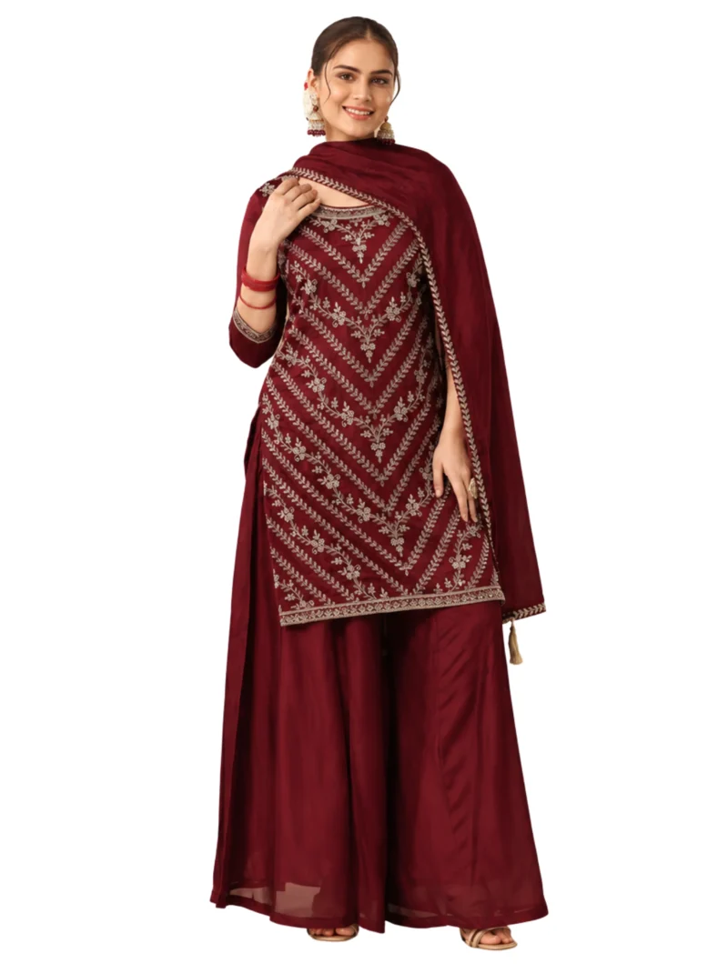 Elaaraa Maroon Embroidered Kurta Palazzo Set