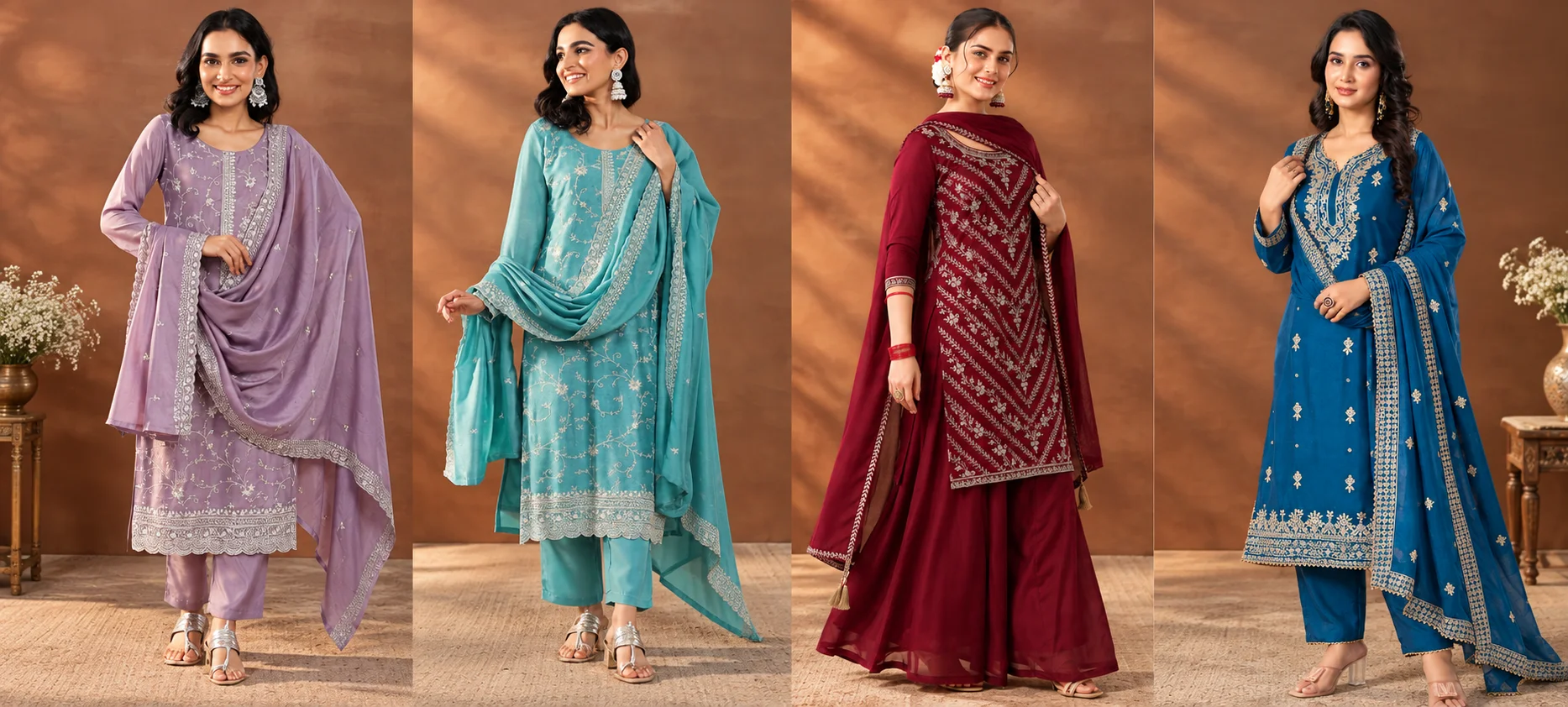Women wearing embroidered ethnic suits in lavender, teal, maroon and blue